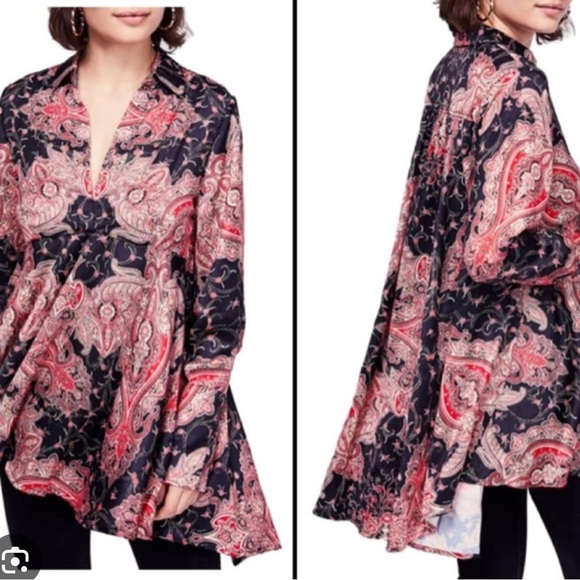 Free People Pink and Black Asymmetrical Oversized Blouse - Picture 1 of 3